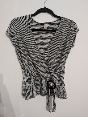 Tailor B. Moss Black and White Striped Wrap Peplum Tee